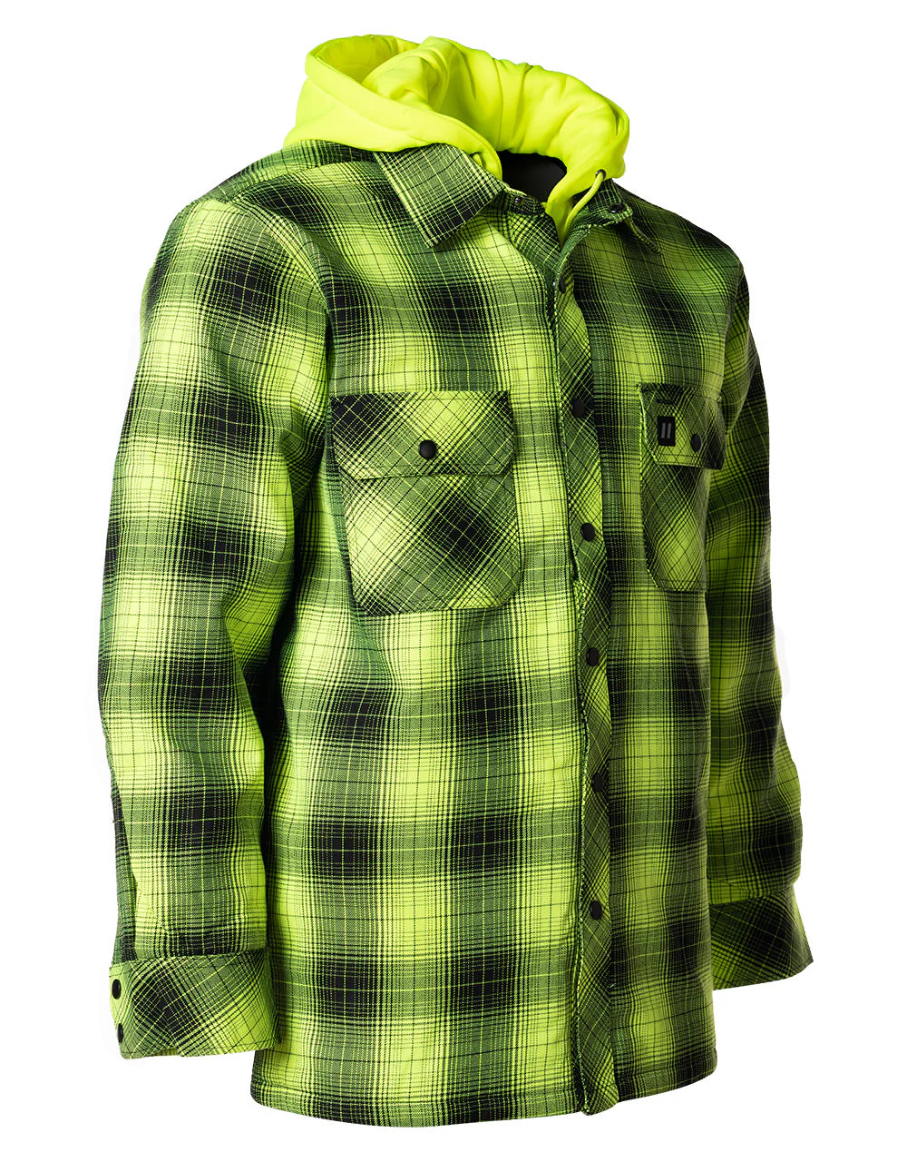 Forcefield Hi Vis Black Shadow Plaid Hooded Quilt-Lined Flannel Shirt Jacket - Image 2