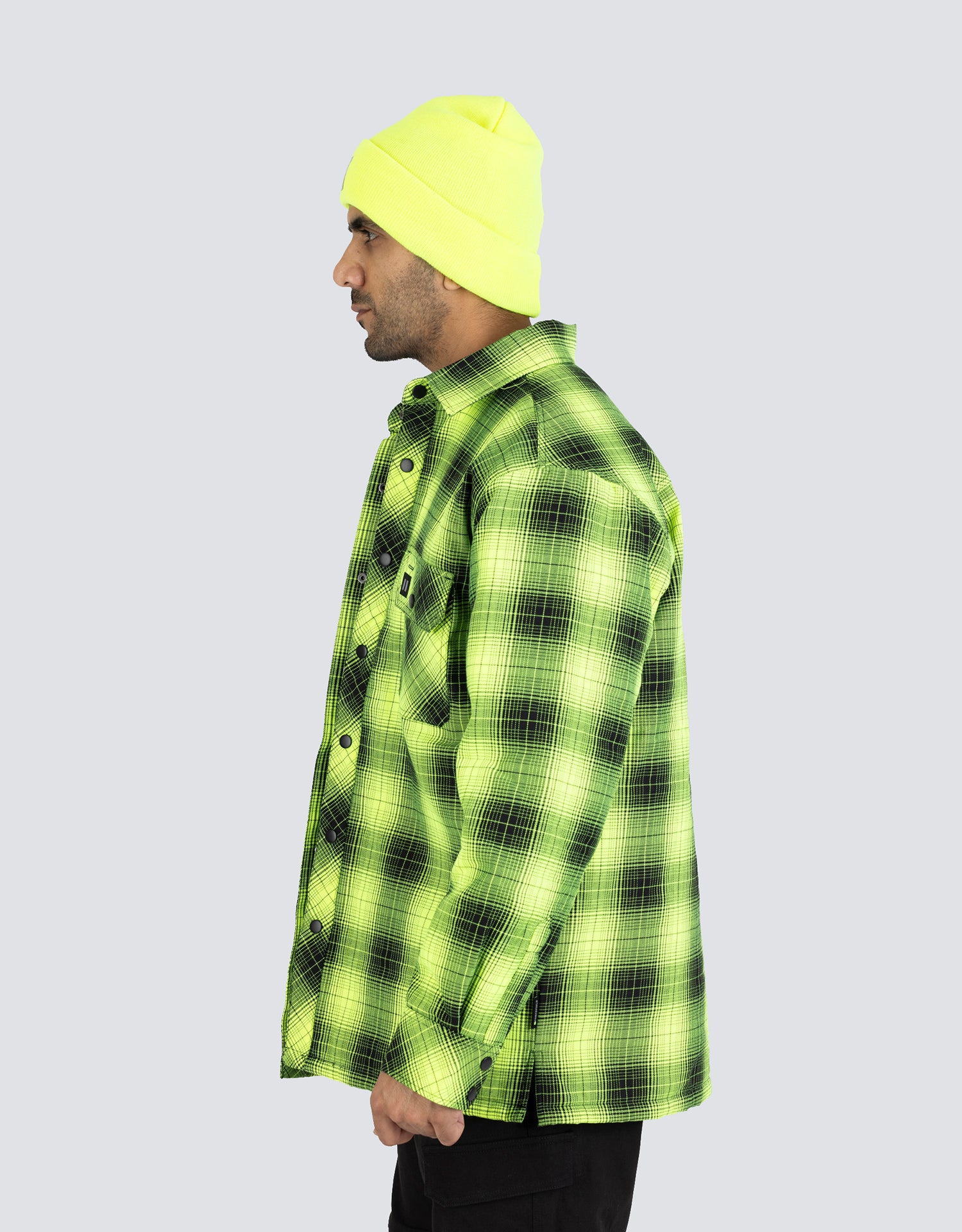 Forcefield Hi Vis Black Shadow Plaid Quilted Flannel Shirt Jacket - Image 3