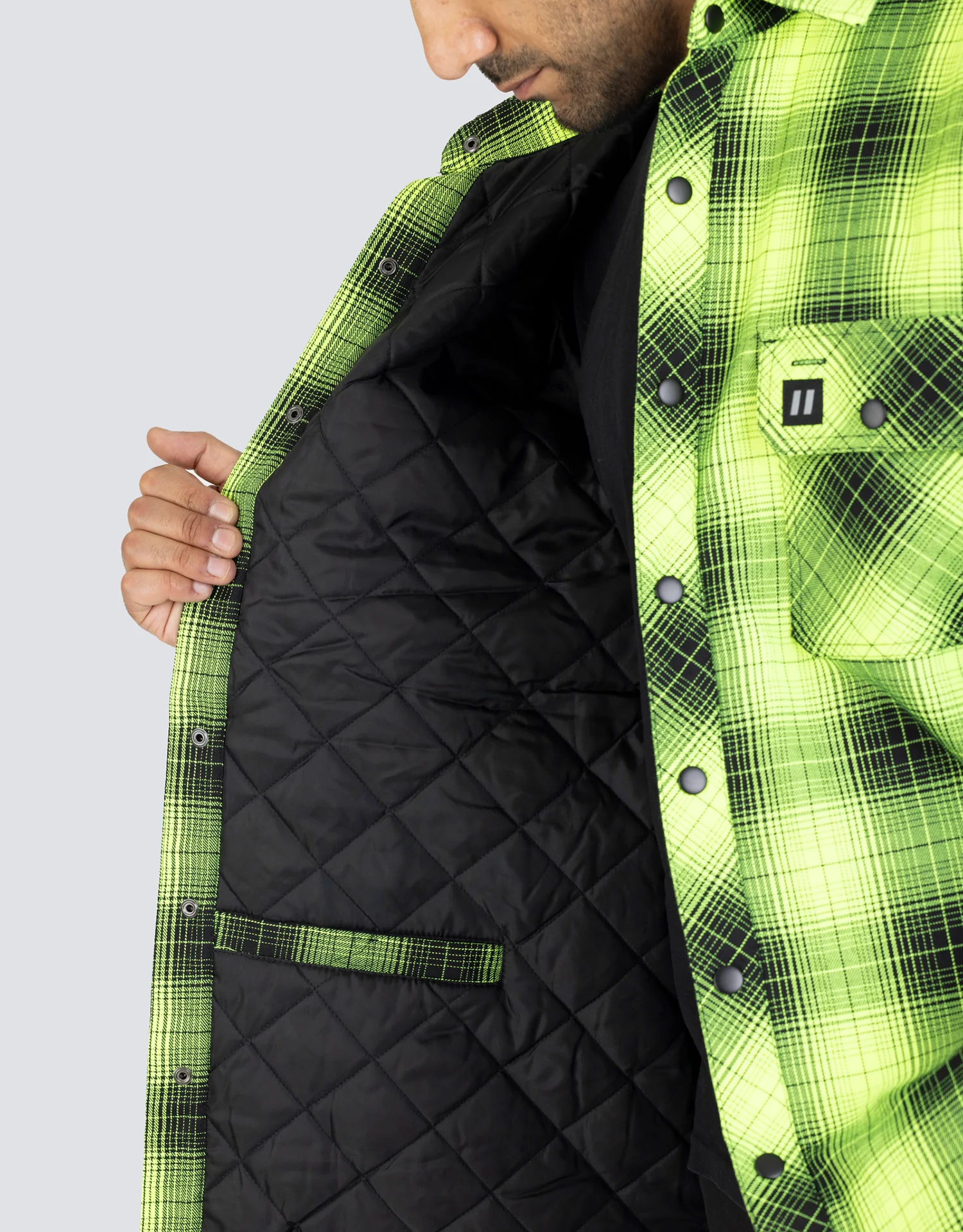 Forcefield Hi Vis Black Shadow Plaid Quilted Flannel Shirt Jacket - Image 5