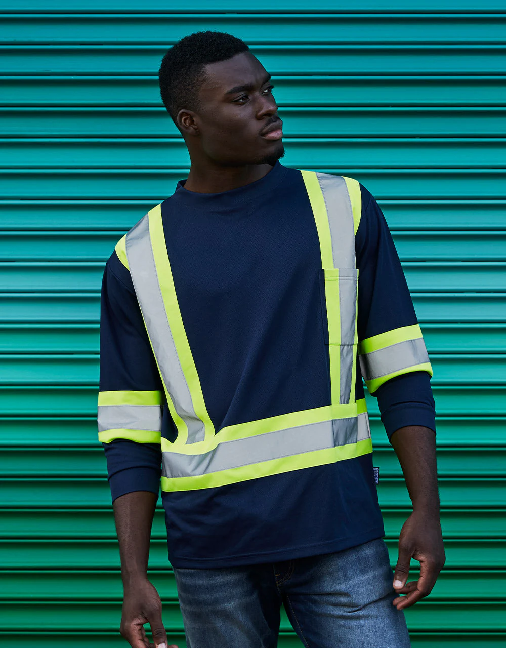 Forcefield Hi Vis Crew Neck Long Sleeve Safety Tee with Chest Pocket - Image 4
