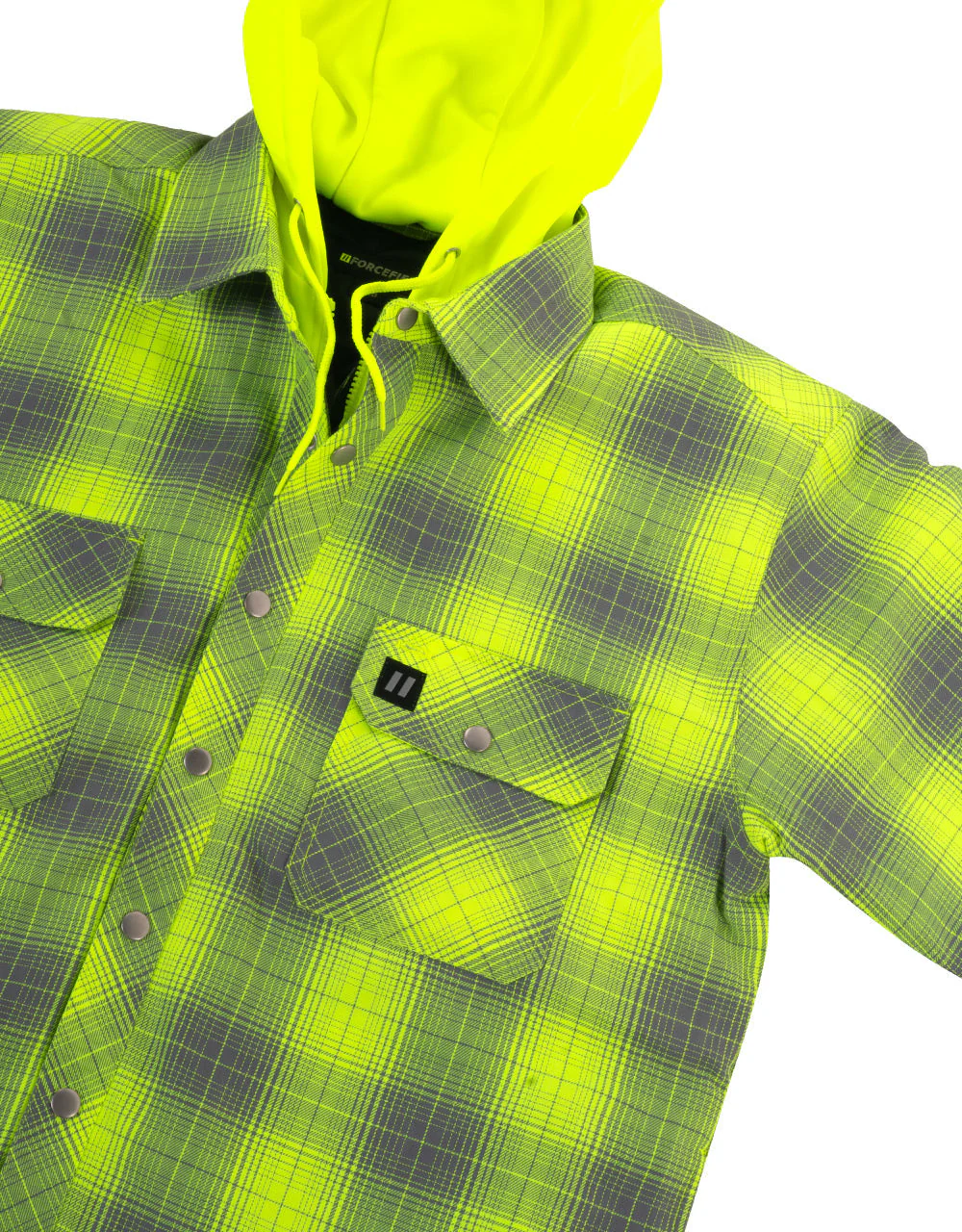 Forcefield Hi Vis Grey Shadow Plaid Hooded Quilt-Lined Flannel Shirt Jacket - Image 2
