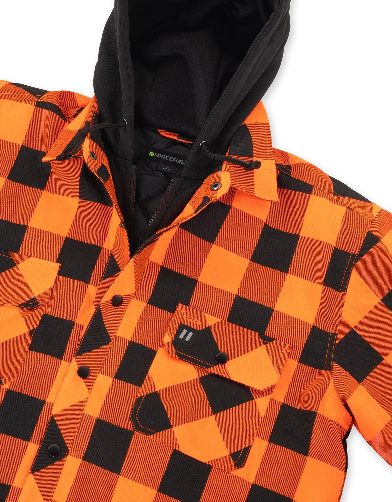 Forcefield Hi Vis Orange/Black Buffalo Plaid Hooded Quilt-Lined Flannel Shirt Jacket - Image 2
