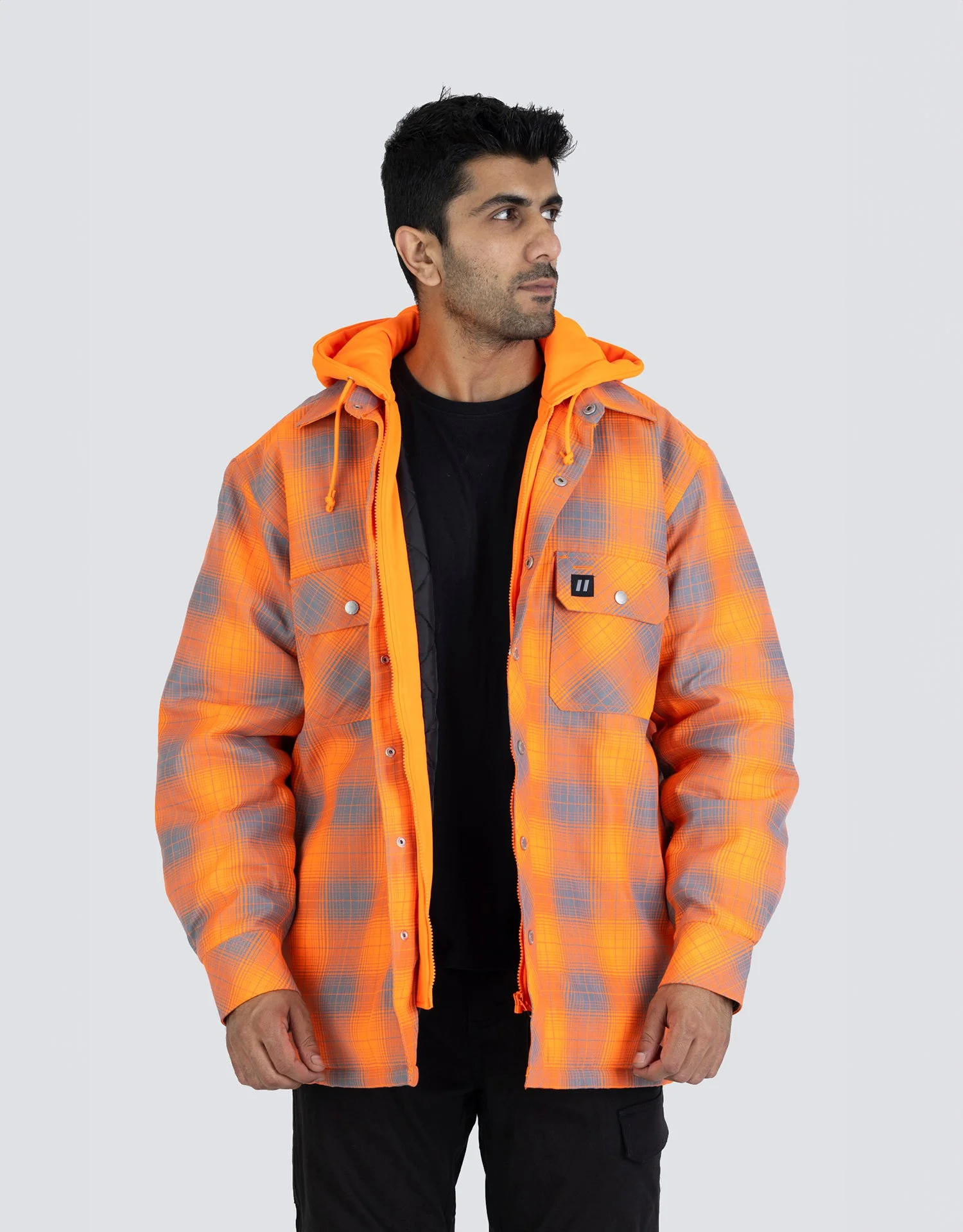 Forcefield Hi Vis Orange Shadow Plaid Hooded Quilt-Lined Flannel Shirt Jacket - Image 2