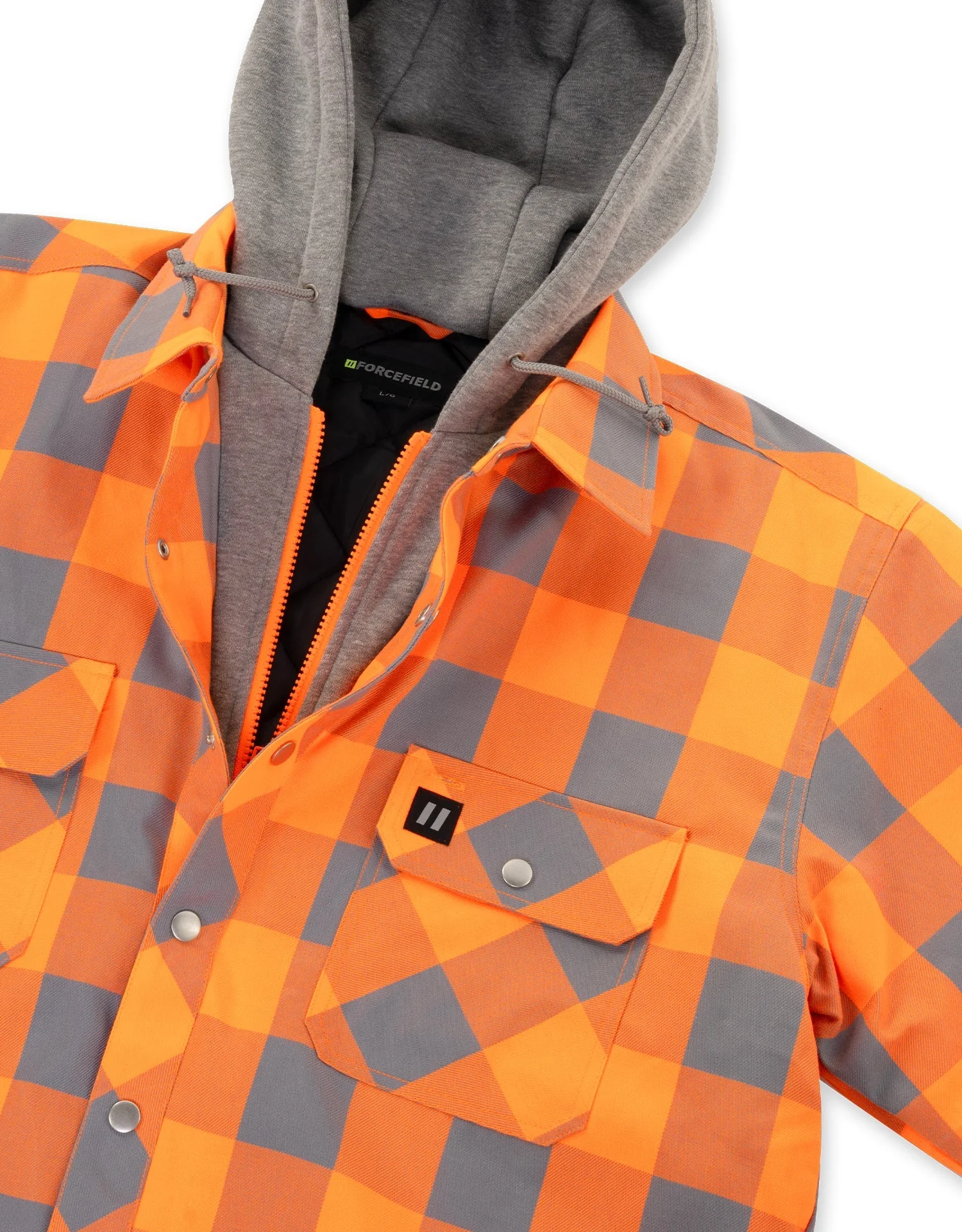 Forcefield Hi Vis Orange/Silver Buffalo Plaid Hooded Quilt-Lined Flannel Shirt Jacket - Image 2