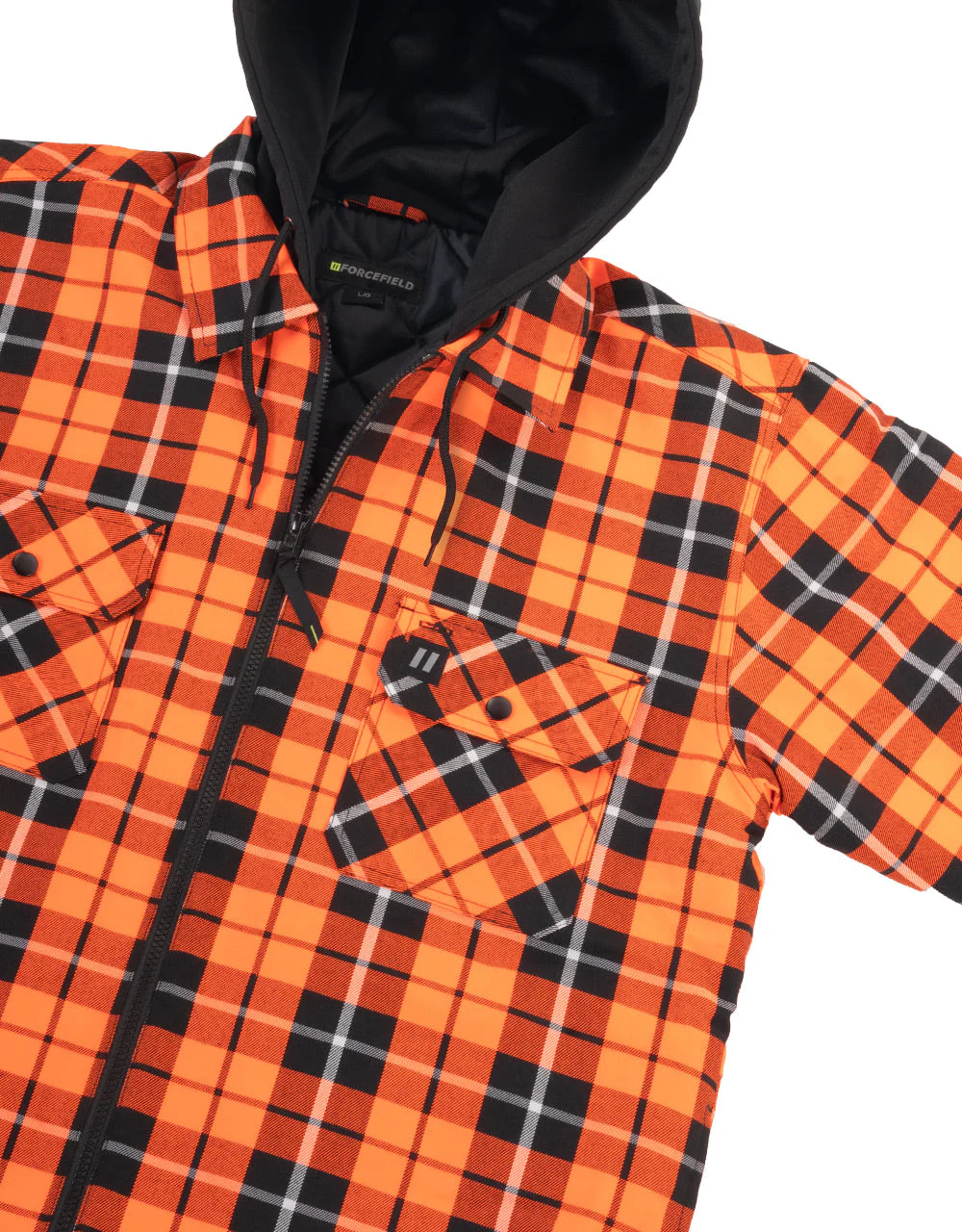 Forcefield Hi Vis Orange Tartan Plaid Hooded Quilt-Lined Flannel Shirt Jacket with Front Zip - Image 2